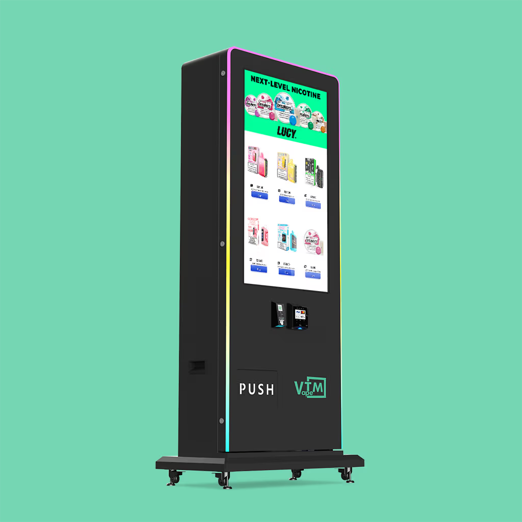 Slim Tower 2.0 with its original touchscreen, payment hardware and wheeled base, carrying the Goins Vending placement sticker